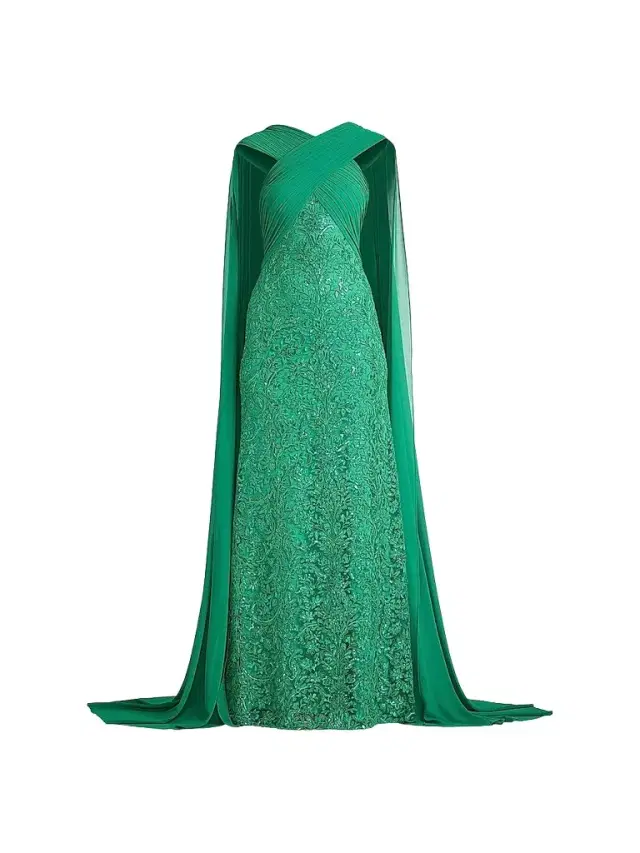 Women's Sequin-Embroidered Lace Cape Gown - Ancient Jade