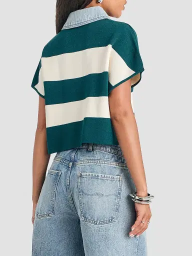 SEROYA Women's Corsa Denim-Trim Striped Top - Ivy Green Rugby | Thumbnail 3 SEROYA Women's Corsa Denim-Trim Striped Top - Ivy Green Rugby | Thumbnail 3