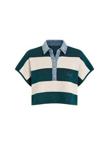 SEROYA Women's Corsa Denim-Trim Striped Top - Ivy Green Rugby | Thumbnail 1 SEROYA Women's Corsa Denim-Trim Striped Top - Ivy Green Rugby | Thumbnail 1