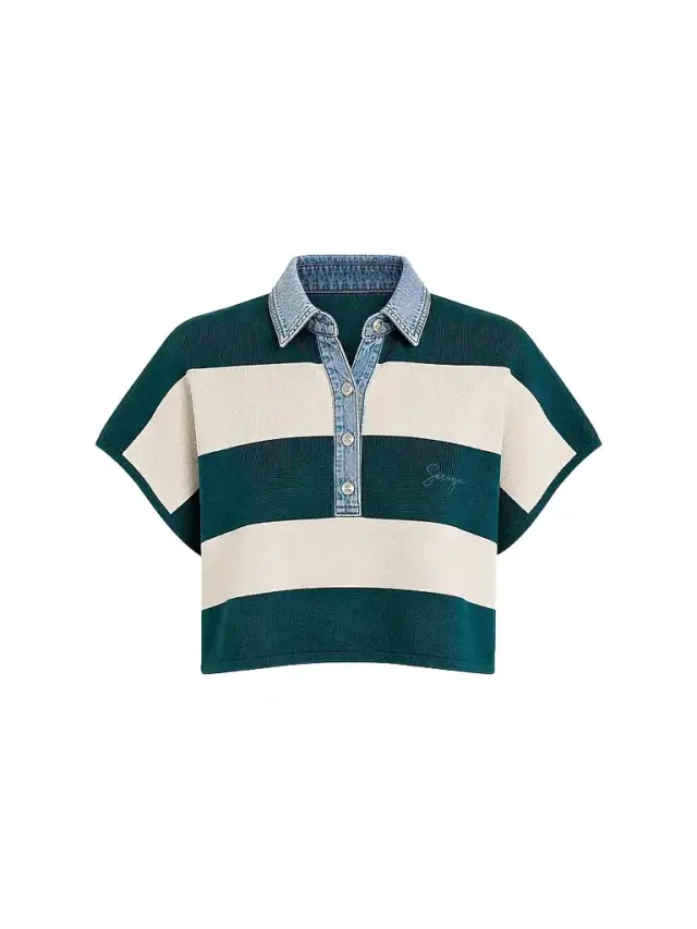 SEROYA Women's Corsa Denim-Trim Striped Top - Ivy Green Rugby