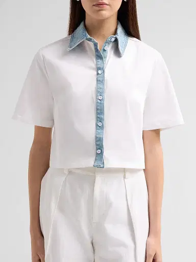 SEROYA Women's Kelsie Denim-Trim Stretch Cotton Crop Top | Thumbnail 5