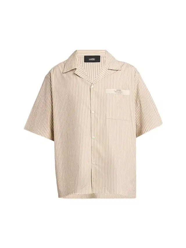 Men's Spirit Logo Striped Cotton Poplin-Blend Camp Shirt - Alabaster