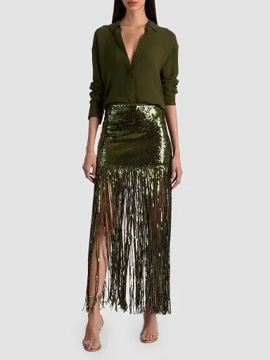 Alice + Olivia Women's Kendra Sequin Fringe Maxi Skirt - Dark Fern - Size 14 | Thumbnail 2