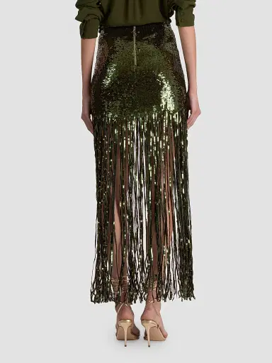 Alice + Olivia Women's Kendra Sequin Fringe Maxi Skirt - Dark Fern - Size 14 | Thumbnail 3
