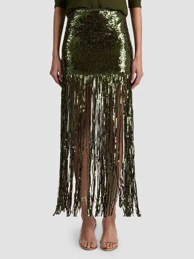 Alice + Olivia Women's Kendra Sequin Fringe Maxi Skirt - Dark Fern - Size 14 | Thumbnail 4