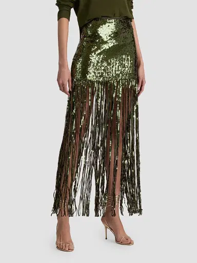 Alice + Olivia Women's Kendra Sequin Fringe Maxi Skirt - Dark Fern - Size 14 | Thumbnail 6
