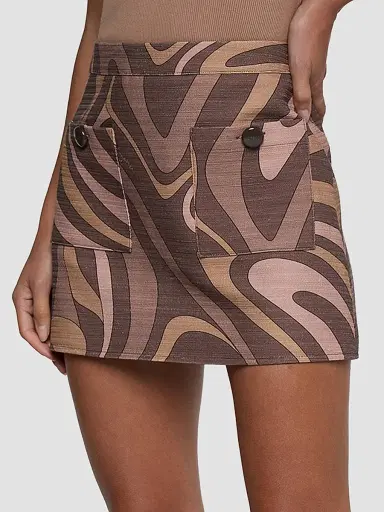 L'Agence Women's Cyra Printed Cotton High-Rise A-Line Mini Skirt - Sepia Brown Abstract Swirl - Size 12 | Thumbnail 4