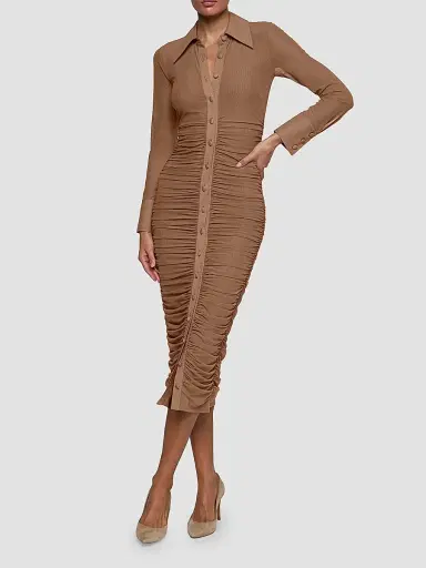 L'Agence Women's Adriana Ruched Body-Con Midi Shirtdress - Hazelnut - Size XL | Thumbnail 2