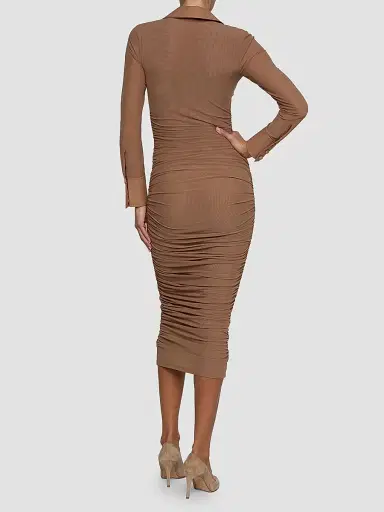 L'Agence Women's Adriana Ruched Body-Con Midi Shirtdress - Hazelnut - Size XL | Thumbnail 3