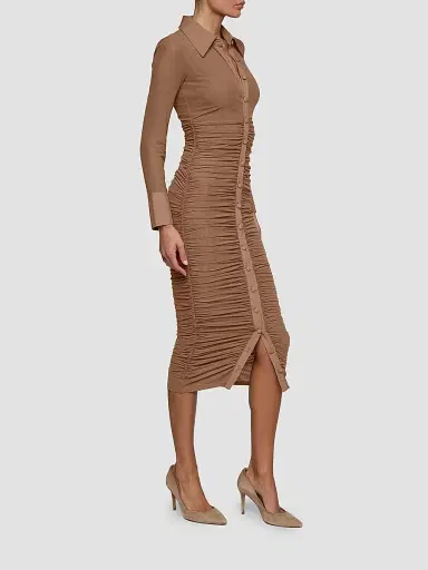 L'Agence Women's Adriana Ruched Body-Con Midi Shirtdress - Hazelnut - Size XL | Thumbnail 4