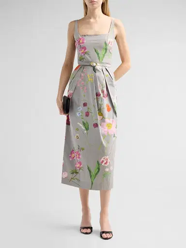 Oscar de la Renta Women's Mixed Botanical Pleated Stretch-Cotton Midi Dress - Grey Multi - Size 14 | Thumbnail 2