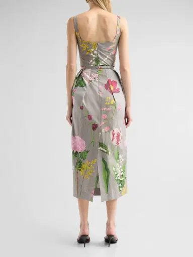 Oscar de la Renta Women's Mixed Botanical Pleated Stretch-Cotton Midi Dress - Grey Multi - Size 14 | Thumbnail 3