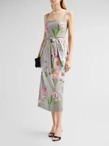Oscar de la Renta Women's Mixed Botanical Pleated Stretch-Cotton Midi Dress - Grey Multi - Size 14 | Thumbnail 4