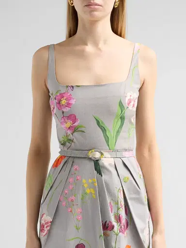 Oscar de la Renta Women's Mixed Botanical Pleated Stretch-Cotton Midi Dress - Grey Multi - Size 14 | Thumbnail 5