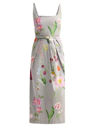 Oscar de la Renta Women's Mixed Botanical Pleated Stretch-Cotton Midi Dress - Grey Multi - Size 14 | Thumbnail 1