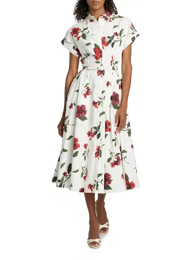 Oscar de la Renta Women's Hibiscus Cotton Poplin Belted Midi-Shirtdress - Red White | Thumbnail 2