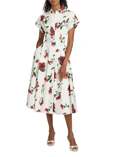 Oscar de la Renta Women's Hibiscus Cotton Poplin Belted Midi-Shirtdress - Red White | Thumbnail 3