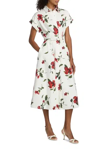 Oscar de la Renta Women's Hibiscus Cotton Poplin Belted Midi-Shirtdress - Red White | Thumbnail 4