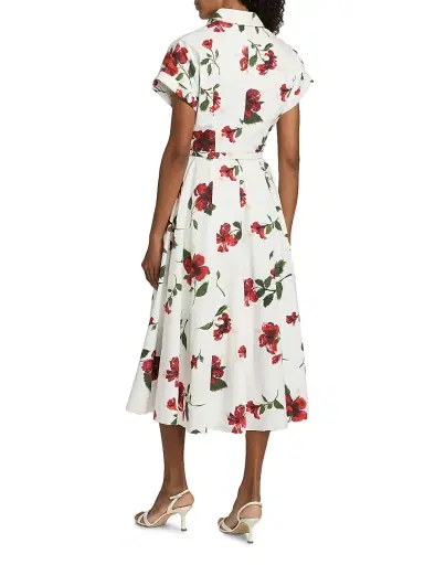 Oscar de la Renta Women's Hibiscus Cotton Poplin Belted Midi-Shirtdress - Red White | Thumbnail 5