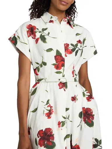 Oscar de la Renta Women's Hibiscus Cotton Poplin Belted Midi-Shirtdress - Red White | Thumbnail 6