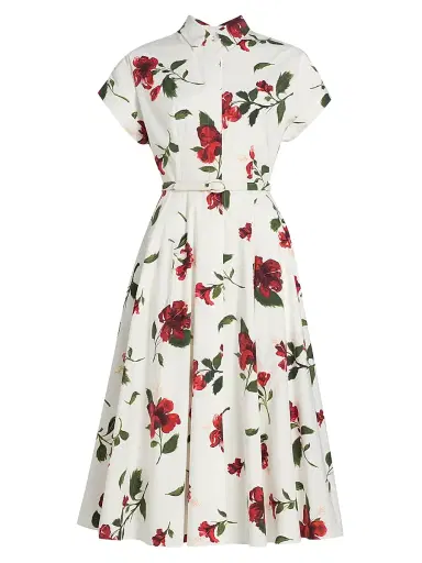Oscar de la Renta Women's Hibiscus Cotton Poplin Belted Midi-Shirtdress - Red White | Thumbnail 1