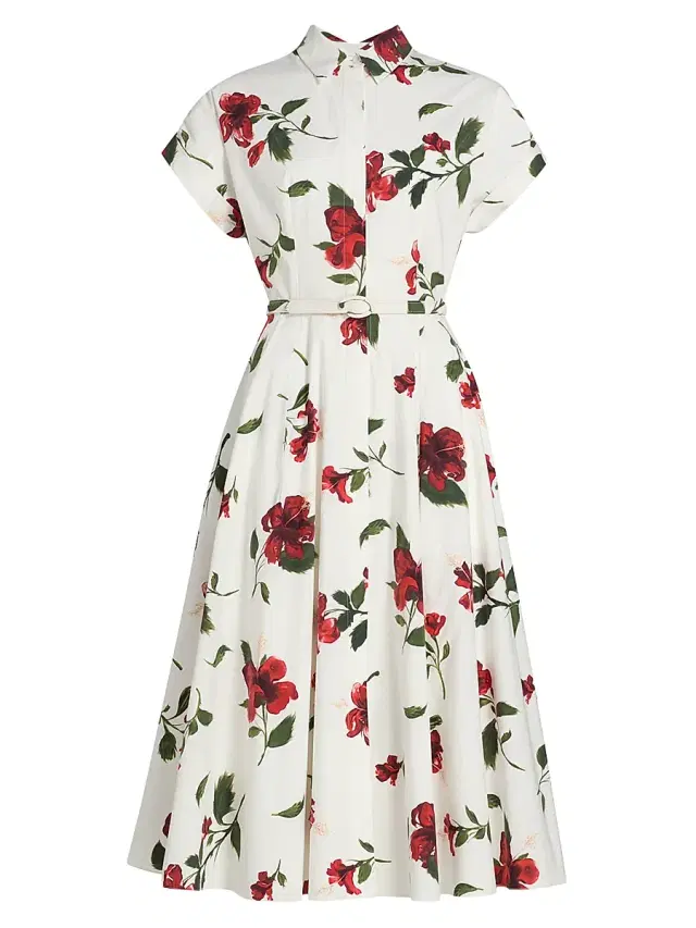 Oscar de la Renta Women's Hibiscus Cotton Poplin Belted Midi-Shirtdress - Red White