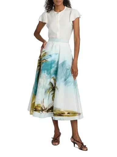 Oscar de la Renta Women's Beach Print Cotton Poplin Circle Midi-Skirt - Blue Green | Thumbnail 2 Oscar de la Renta Women's Beach Print Cotton Poplin Circle Midi-Skirt - Blue Green | Thumbnail 2
