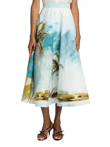 Oscar de la Renta Women's Beach Print Cotton Poplin Circle Midi-Skirt - Blue Green | Thumbnail 3 Oscar de la Renta Women's Beach Print Cotton Poplin Circle Midi-Skirt - Blue Green | Thumbnail 3