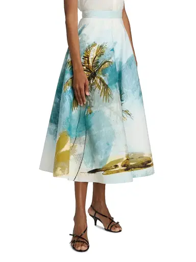 Oscar de la Renta Women's Beach Print Cotton Poplin Circle Midi-Skirt - Blue Green | Thumbnail 4 Oscar de la Renta Women's Beach Print Cotton Poplin Circle Midi-Skirt - Blue Green | Thumbnail 4