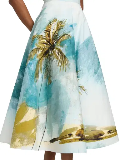 Oscar de la Renta Women's Beach Print Cotton Poplin Circle Midi-Skirt - Blue Green | Thumbnail 6 Oscar de la Renta Women's Beach Print Cotton Poplin Circle Midi-Skirt - Blue Green | Thumbnail 6