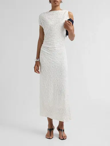 Proenza Schouler White Label Women's Astra Textured Cotton-Blend Ruched Midi Dress - Alabaster - Size 12 | Thumbnail 2