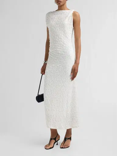 Proenza Schouler White Label Women's Astra Textured Cotton-Blend Ruched Midi Dress - Alabaster - Size 12 | Thumbnail 4