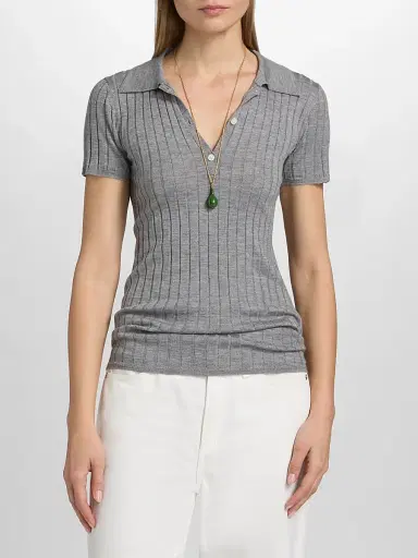 TOTEME Women's Ribbed Cashmere Silk Polo Shirt - Grey Melange - Size XL | Thumbnail 3