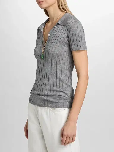 TOTEME Women's Ribbed Cashmere Silk Polo Shirt - Grey Melange - Size XL | Thumbnail 4