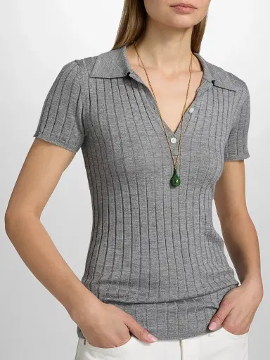 TOTEME Women's Ribbed Cashmere Silk Polo Shirt - Grey Melange - Size XL | Thumbnail 6