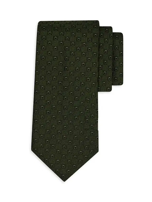 FERRAGAMO Men's Gancio Jacquard Woven Silk Tie - Verde Scuro