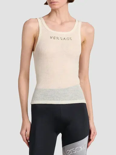 Versace Women's La Vacanza Crystal Logo Rib-Knit Tank - Cream - Size 12 | Thumbnail 3 Versace Women's La Vacanza Crystal Logo Rib-Knit Tank - Cream - Size 12 | Thumbnail 3