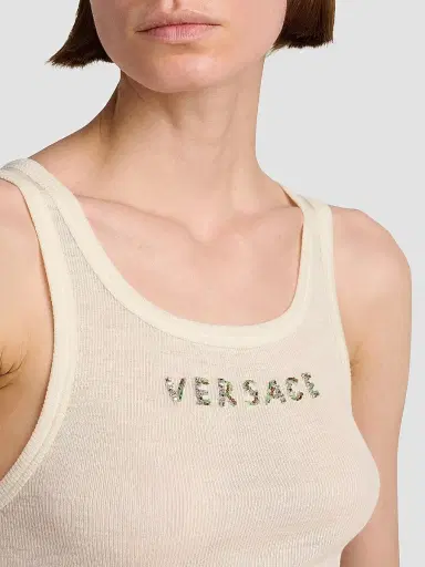 Versace Women's La Vacanza Crystal Logo Rib-Knit Tank - Cream - Size 12 | Thumbnail 6 Versace Women's La Vacanza Crystal Logo Rib-Knit Tank - Cream - Size 12 | Thumbnail 6