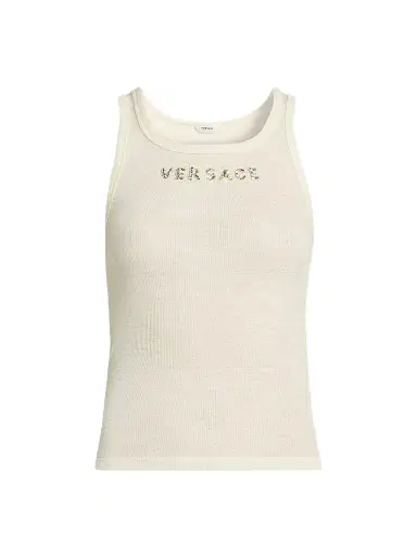 Versace Women's La Vacanza Crystal Logo Rib-Knit Tank - Cream - Size 12 | Thumbnail 1 Versace Women's La Vacanza Crystal Logo Rib-Knit Tank - Cream - Size 12 | Thumbnail 1