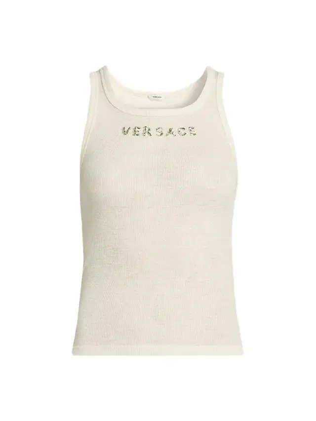 Versace Women's La Vacanza Crystal Logo Rib-Knit Tank - Cream