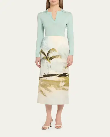 Oscar de la Renta Palm Tree Satin Midi Pencil Skirt | Thumbnail 2