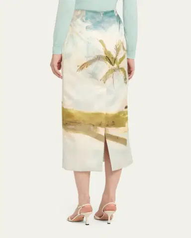 Oscar de la Renta Palm Tree Satin Midi Pencil Skirt | Thumbnail 3