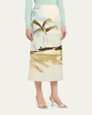 Oscar de la Renta Palm Tree Satin Midi Pencil Skirt | Thumbnail 4