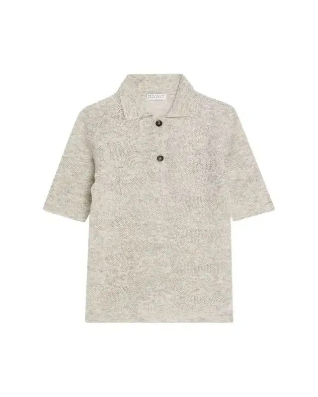 Brunello Cucinelli Lace-Effect Polo Short-Sleeve Sweater