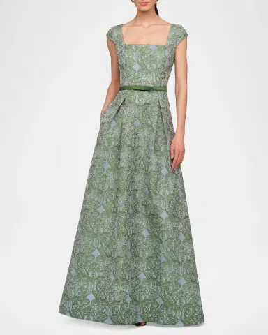 Kay Unger New York Constance Pleated Ombre Damask Jacquard Gown | Thumbnail 2 Kay Unger New York Constance Pleated Ombre Damask Jacquard Gown | Thumbnail 2