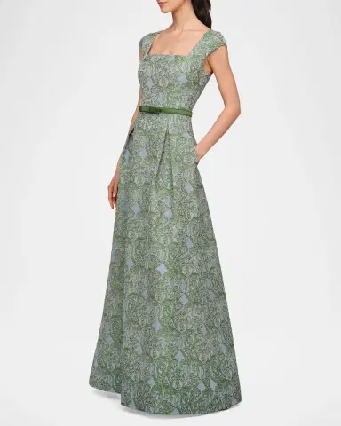 Kay Unger New York Constance Pleated Ombre Damask Jacquard Gown | Thumbnail 4 Kay Unger New York Constance Pleated Ombre Damask Jacquard Gown | Thumbnail 4