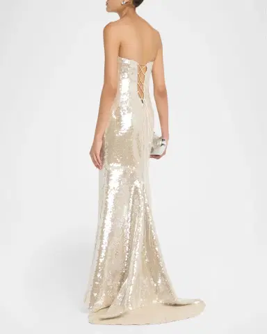 LaQuan Smith Strapless Lace-Up Sequined Trumpet Gown | Thumbnail 3