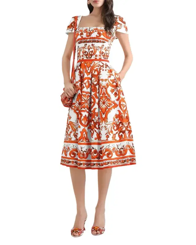 Majolica-Print Poplin Pleated Midi Dress