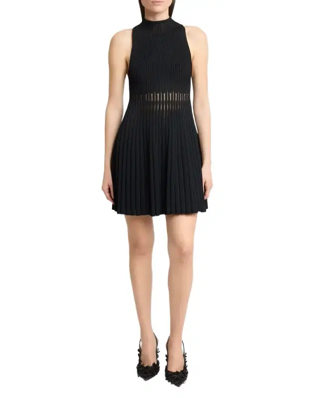 High-Neck Sleeveless Sheer Pleated Knit Mini Dress