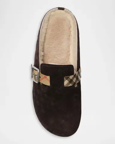 Burberry Men's Suede Check Shearling-Lined Urchin Clogs | Thumbnail 2